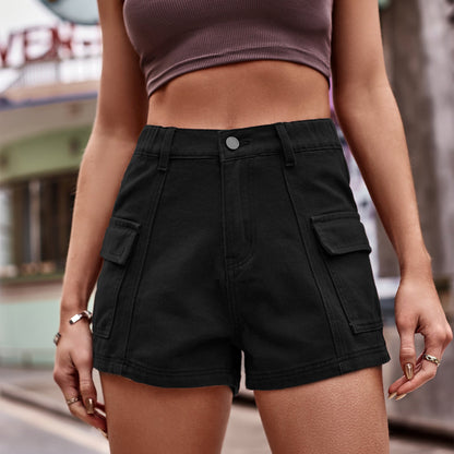 High-Waist Denim Shorts with Pockets - Black -