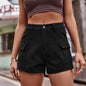 High-Waist Denim Shorts with Pockets - Black -