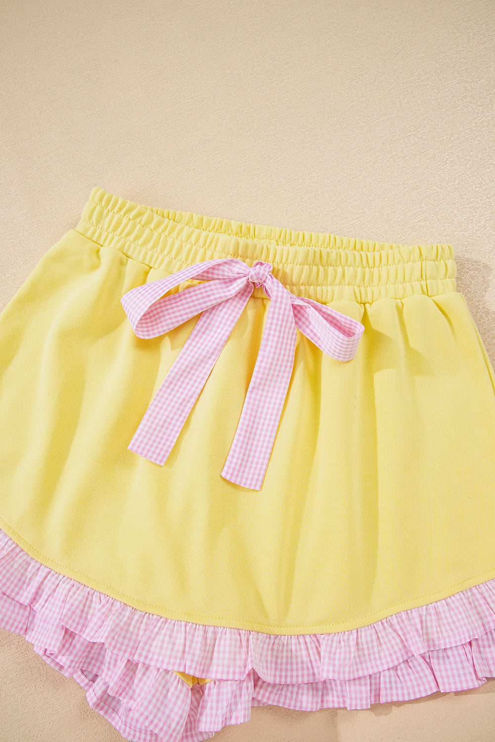 Yellow Cream Plaid Ruffled Patchwork Drop Shoulder Pullover and Drawstring Elastic Waist Shorts Matching Set- Wild and Free Boutique- {{Product type}}
