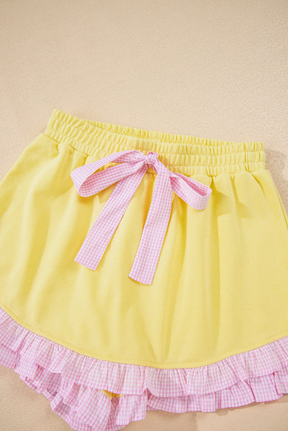 Yellow Cream Plaid Ruffled Patchwork Drop Shoulder Pullover and Drawstring Elastic Waist Shorts Matching Set- Wild and Free Boutique- {{Product type}}