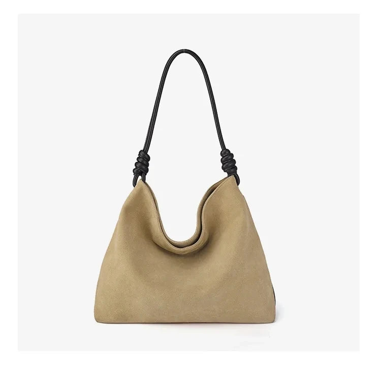 Womans Suede Leather Soft Bucket Bag light beige