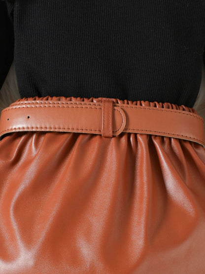 Children's Ruffle Trim Top & Faux Leather Pleated Skirt Set - -