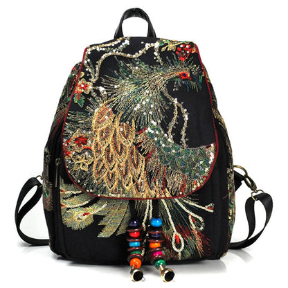 Retro Embroidered Peacock Backpack - Black 26*12*36cm - backpack