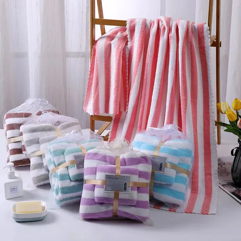 High-Density Padded Knitted Fleece Towel Set Soft Absorbent Candy Strip Pattern