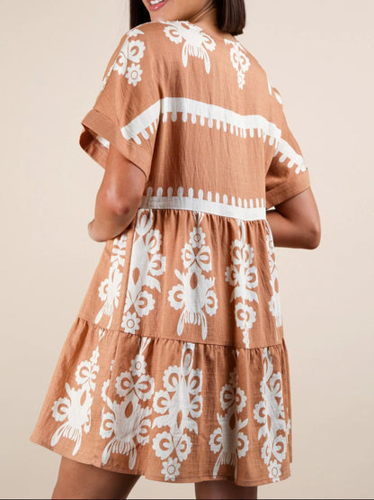 Printed V-Neck Short Sleeve Mini Dress - -