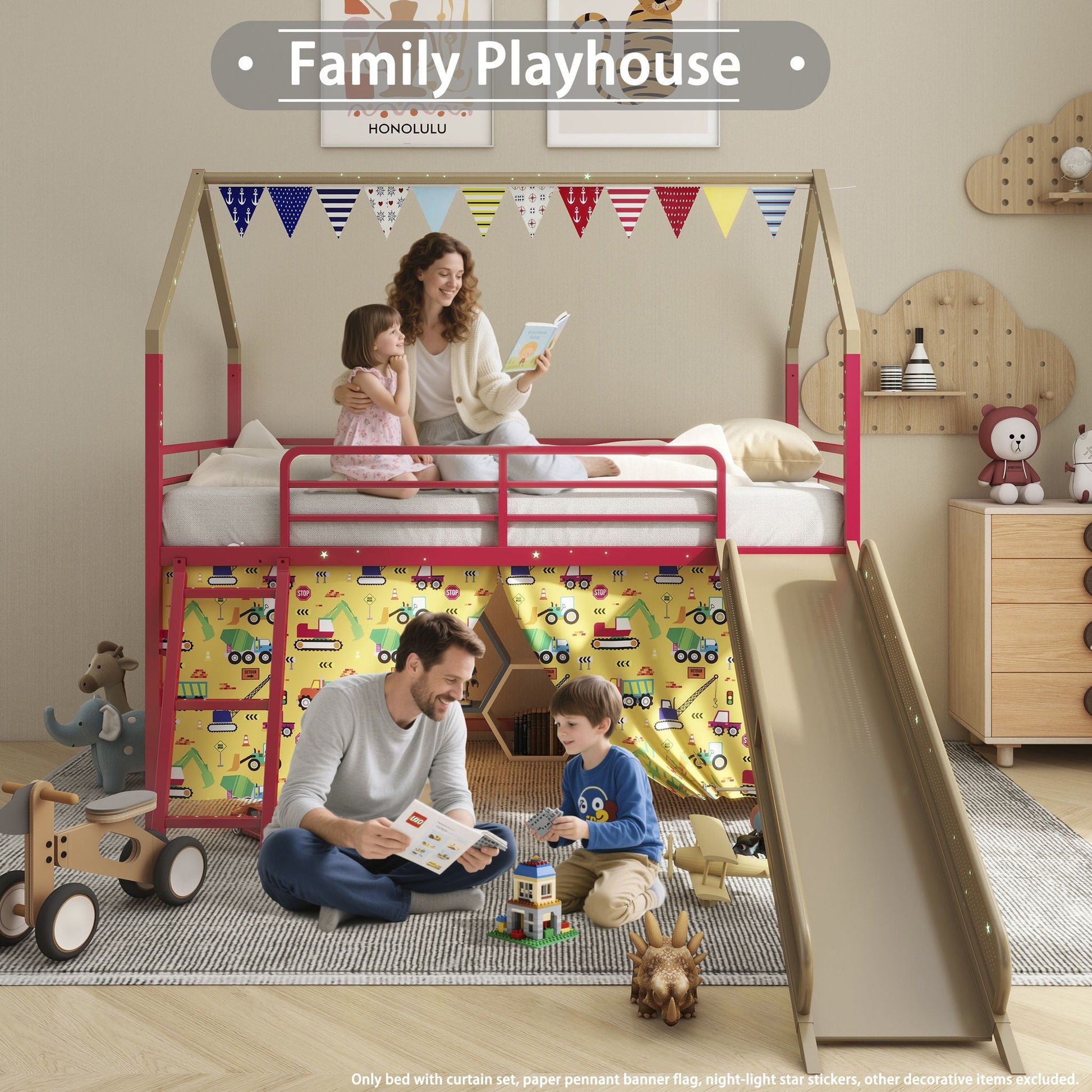 Jack - House Loft Bed With Slide And Curtain Set- HouseOfZazla- {{Product type}}