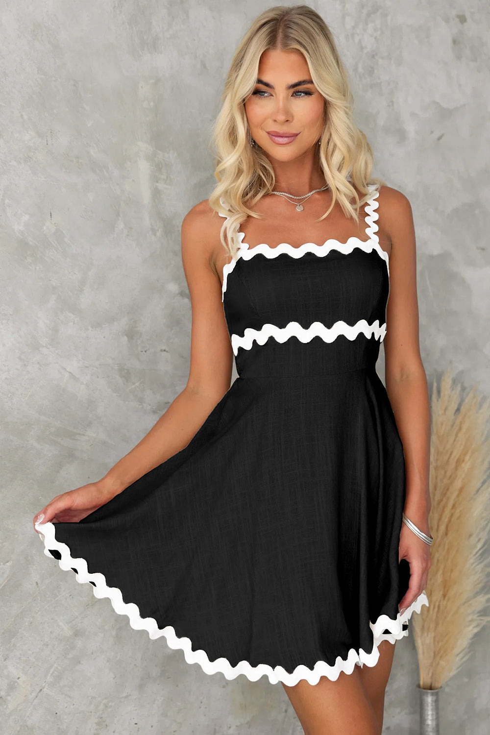 Contrast Trim Square Neck Mini Dress - Black - Clothing & Fashion