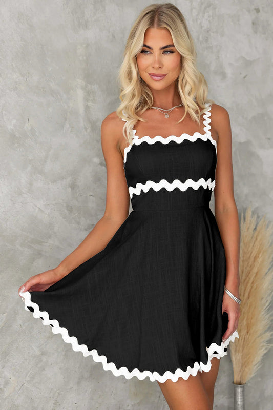 Contrast Trim Square Neck Mini Dress - Black - Clothing & Fashion