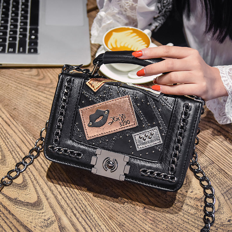 Badge Shoulder Bag Womens Tote with Chain - black - Purse