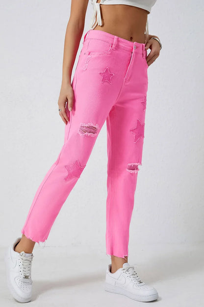 Star Raw Hem Distressed Jeans - -