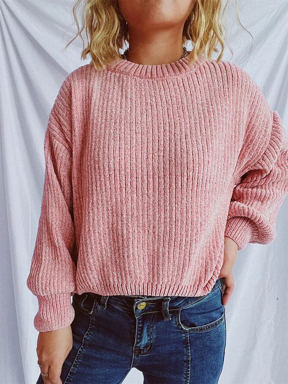Round Neck Dropped Shoulder Long Sleeve Sweater - Dusty Pink One Size -