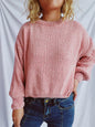 Round Neck Dropped Shoulder Long Sleeve Sweater - Dusty Pink One Size -