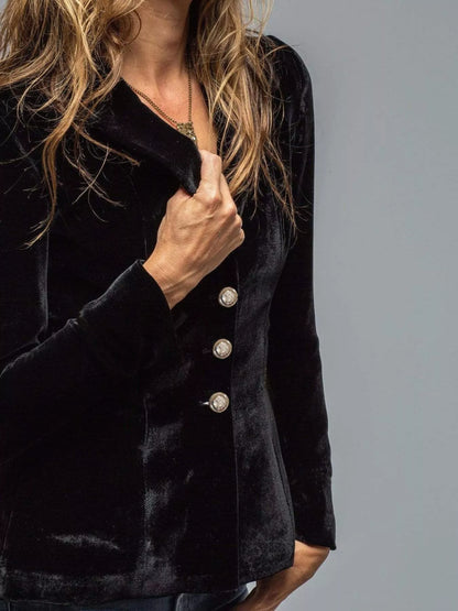 Velvet Lapel Collar Button Up Blazer - -