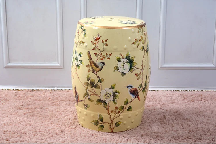 Decorative Drum Ceramic Stools Hand Painted Chinese Flower and Bird Pattern Art