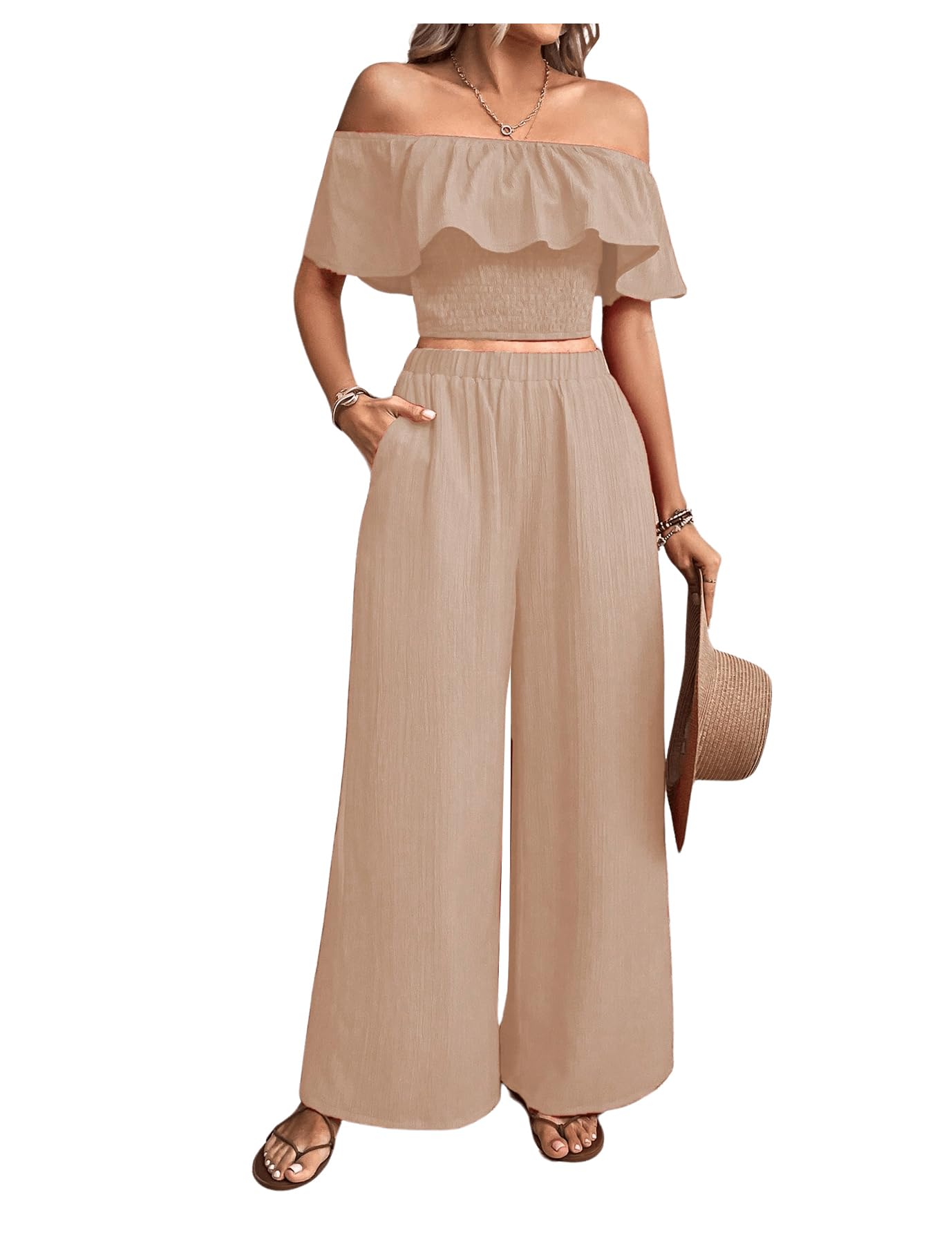 SHENHE Womens 2 Piece Ruffle Off Shoulder Crop Top and Wide Leg Flowy Pants Set - Khaki Small - outfit