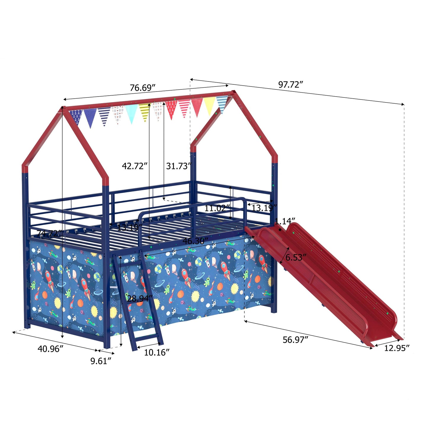 Jack - House Loft Bed With Slide And Curtain Set- HouseOfZazla- {{Product type}}
