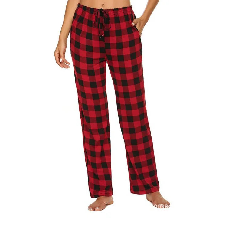 Women Solid Color Buffalo Plaid Pajama Pants Sleepwear With Pockets