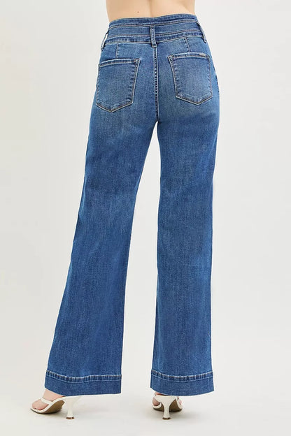 RISEN High Rise Wide Leg Wide Band Detail Jeans - - jeans