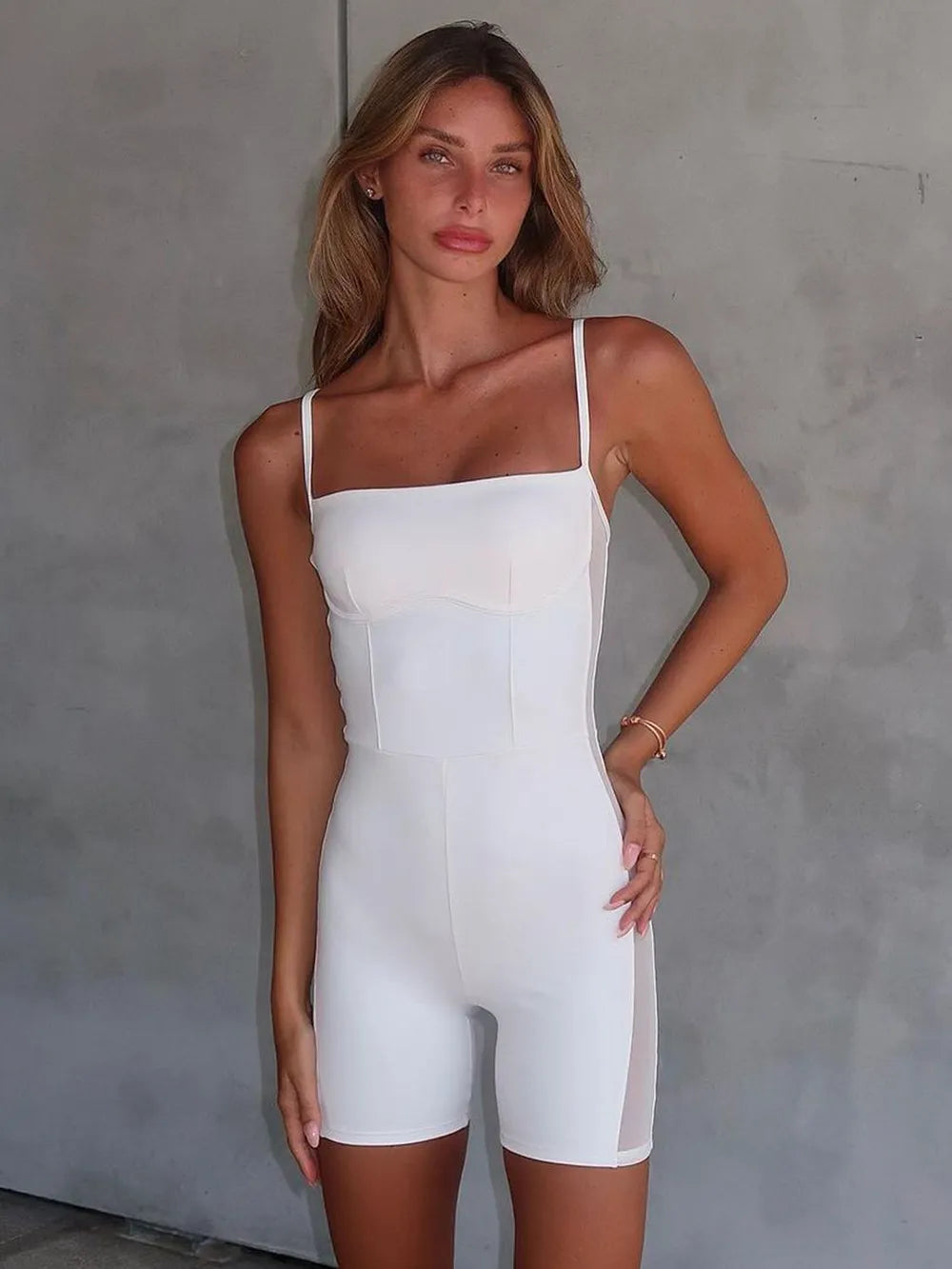 Perfee Square Neck Spaghetti Strap Romper - White -