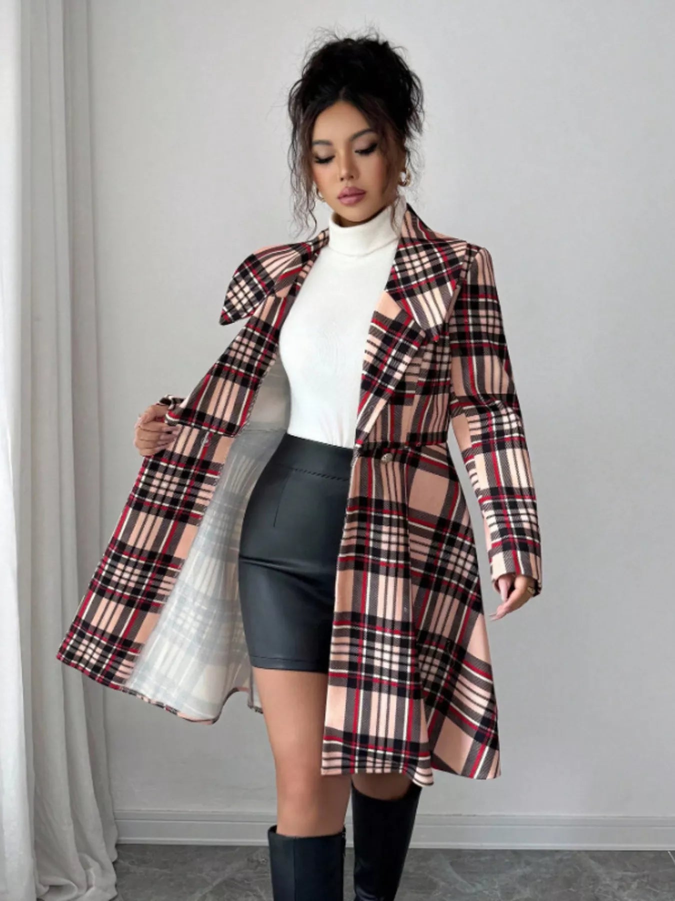 Plaid Button Up Long Sleeve Coat - -
