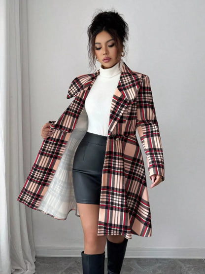 Plaid Button Up Long Sleeve Coat - -