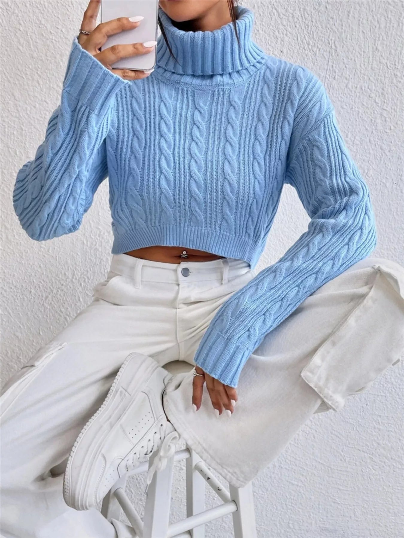Cable-Knit Turtleneck Long Sleeve Sweater - -