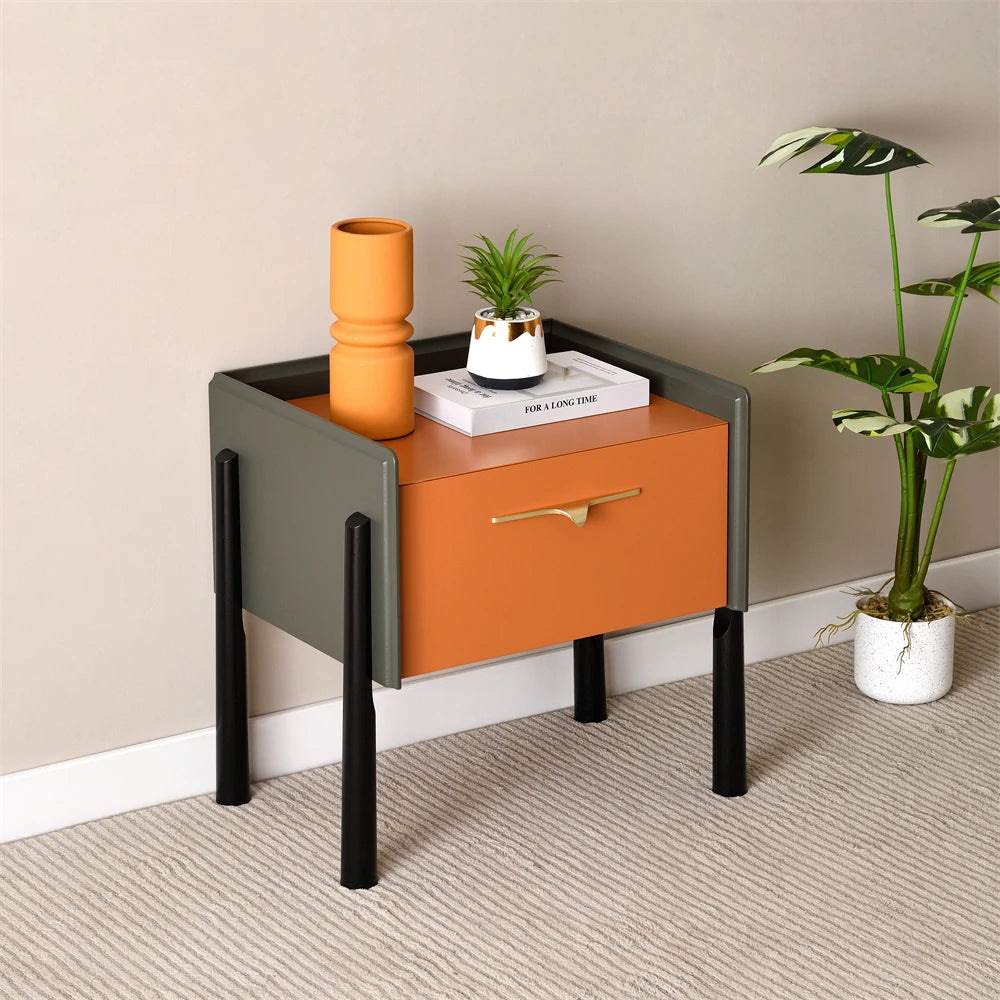 Embossed Surface Two Drawer Lacquer End Table With Gold Antique Brass Handle