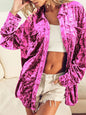 Collared Neck Long Sleeve Velvet Shirt - Hot Pink -