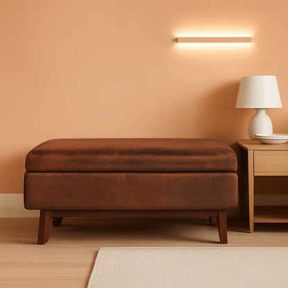 Mid Century Storage Ottoman 36W Chestnut Faux Leather- ShipItFurniture- {{Product type}}