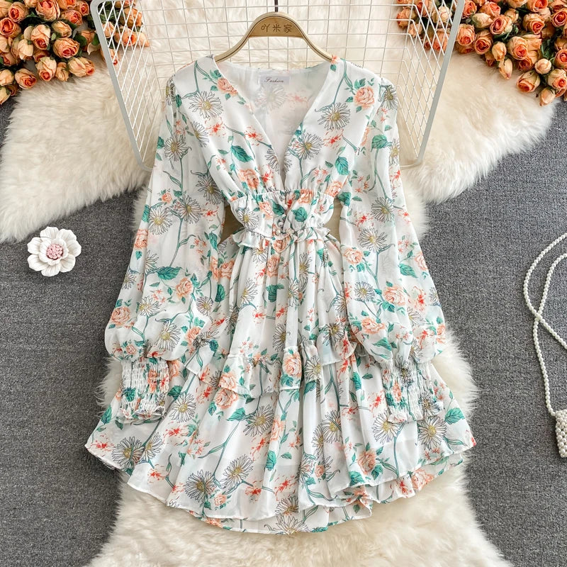 V-Neck Ruffle Lantern Sleeve Crushed Chiffon Dress Woman