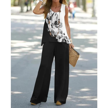 Pullover Sleeveless Round Neck Top Wide Leg Pants Set Two Piece Set