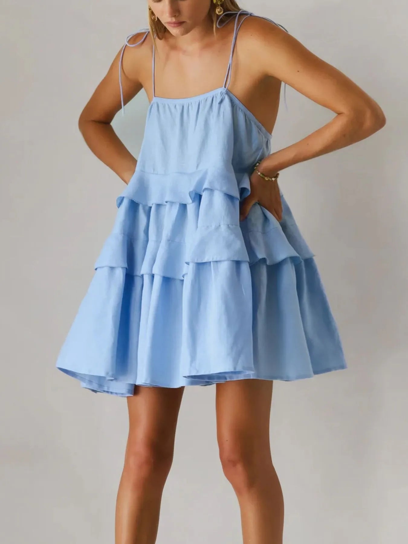 Ruffle Layered Tie Shoulder Cami Dress - Blue -
