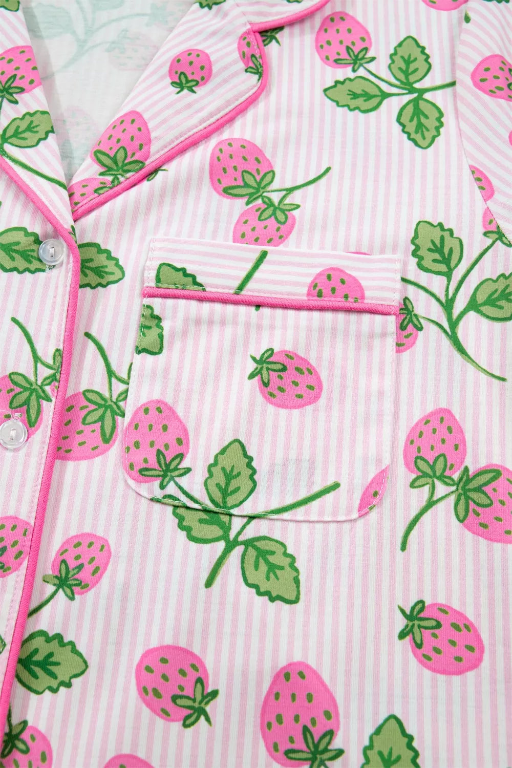 Striped Strawberry Print Lapel Shirt Drawstring Shorts 2pcs Pajama Set- Shopimist- {{Product type}}