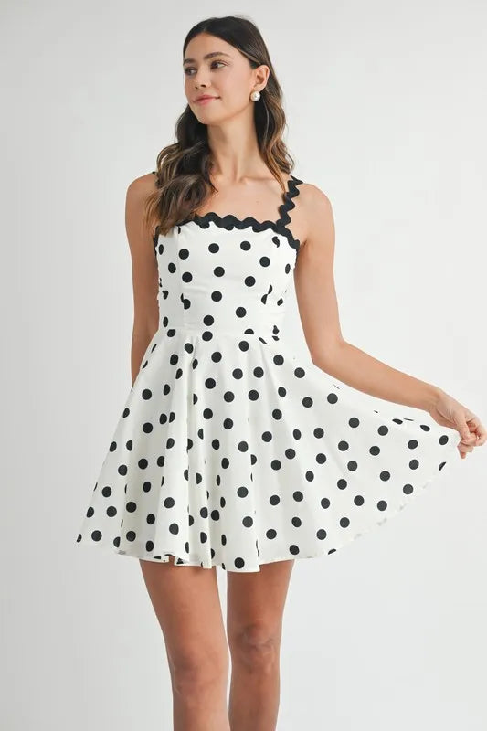 Polka Dot Mini Dress with Ricrac Trim Strap – Fun Polka Dot Pattern, Fluttering, Unique Ricrac Trim Strap, Playful and Stylish Mini Dress, Versatile Summer Dress - - ST25JK983762