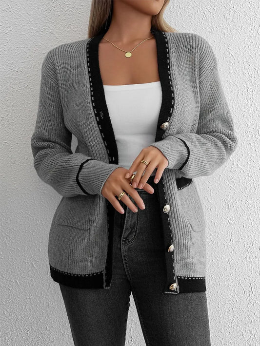 Contrast Trim Button Up Long Sleeve Cardigan - - Women's Fashion - Women's Clothing - Sweaters - Cardigans