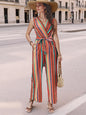 Striped Sleeveless Tie Waist Jumpsuit - Orange -