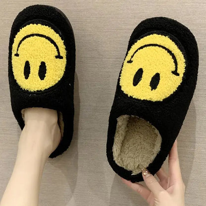 Cute Smile Pattern Fluffy Slippers Black