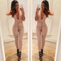 Deep Black V Fitted Sexy Jumpsuit Beige Large