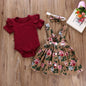 Baby Girl Floral Print Dress Romper Headband Clothes Set Red Floral