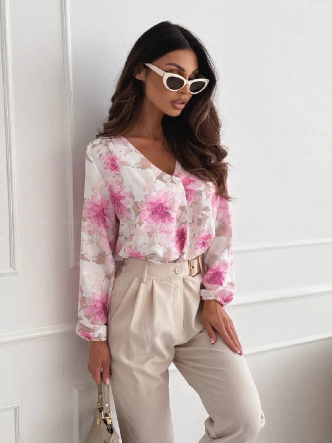 Floral V-Neck Long Sleeve Blouse - -