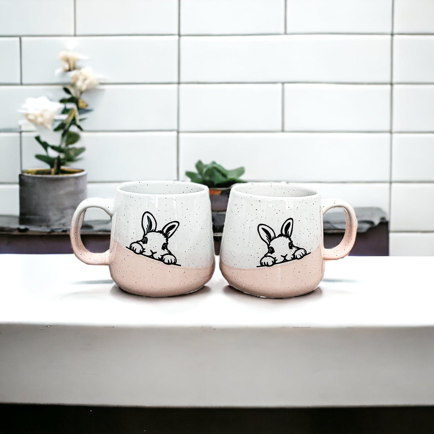 Farmhouse Ceramic Bunny Mug Hand-Painted Ivory With Pastel Pink Base, 12 Oz - - Mugs