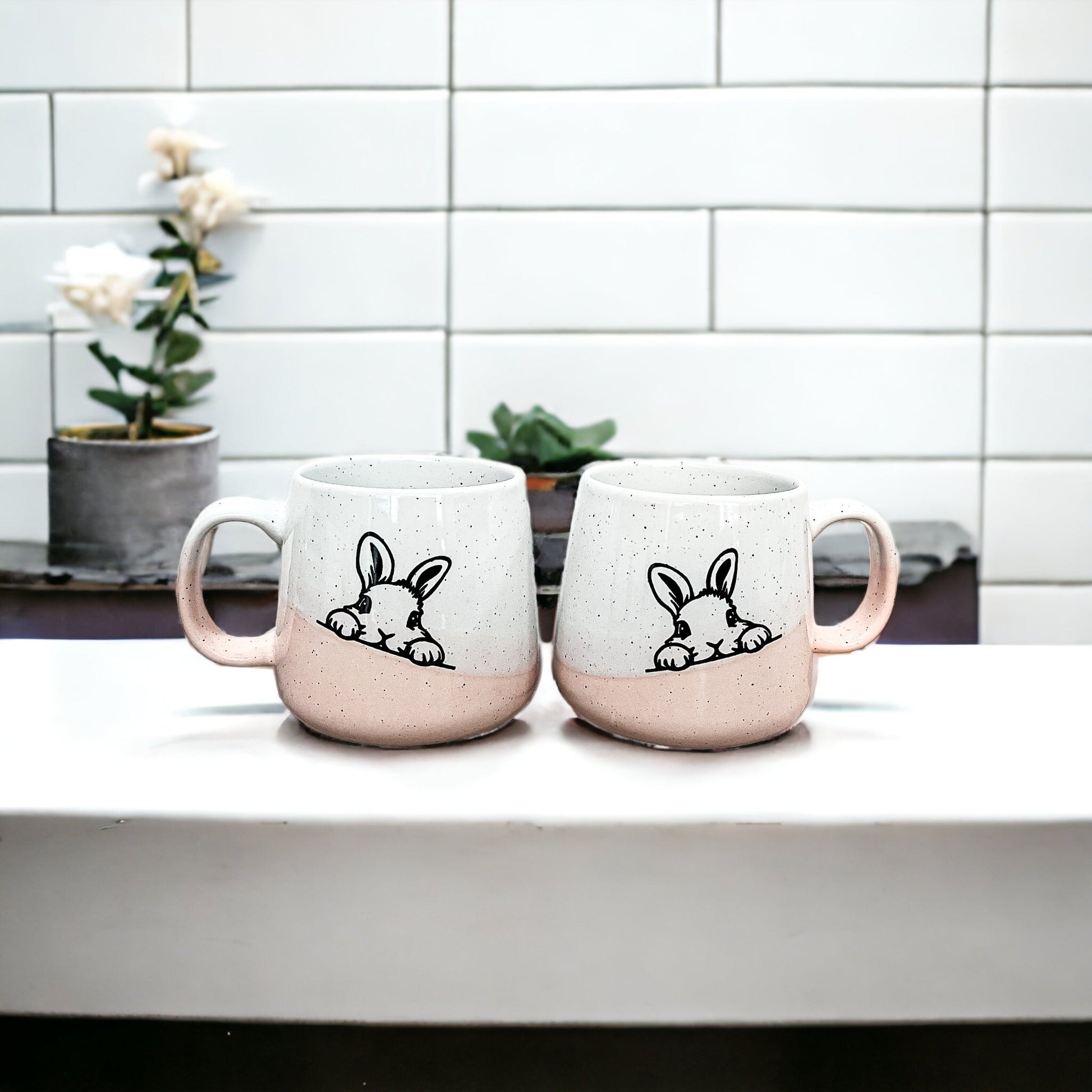Farmhouse Ceramic Bunny Mug Hand-Painted Ivory With Pastel Pink Base, 12 Oz - - Mugs