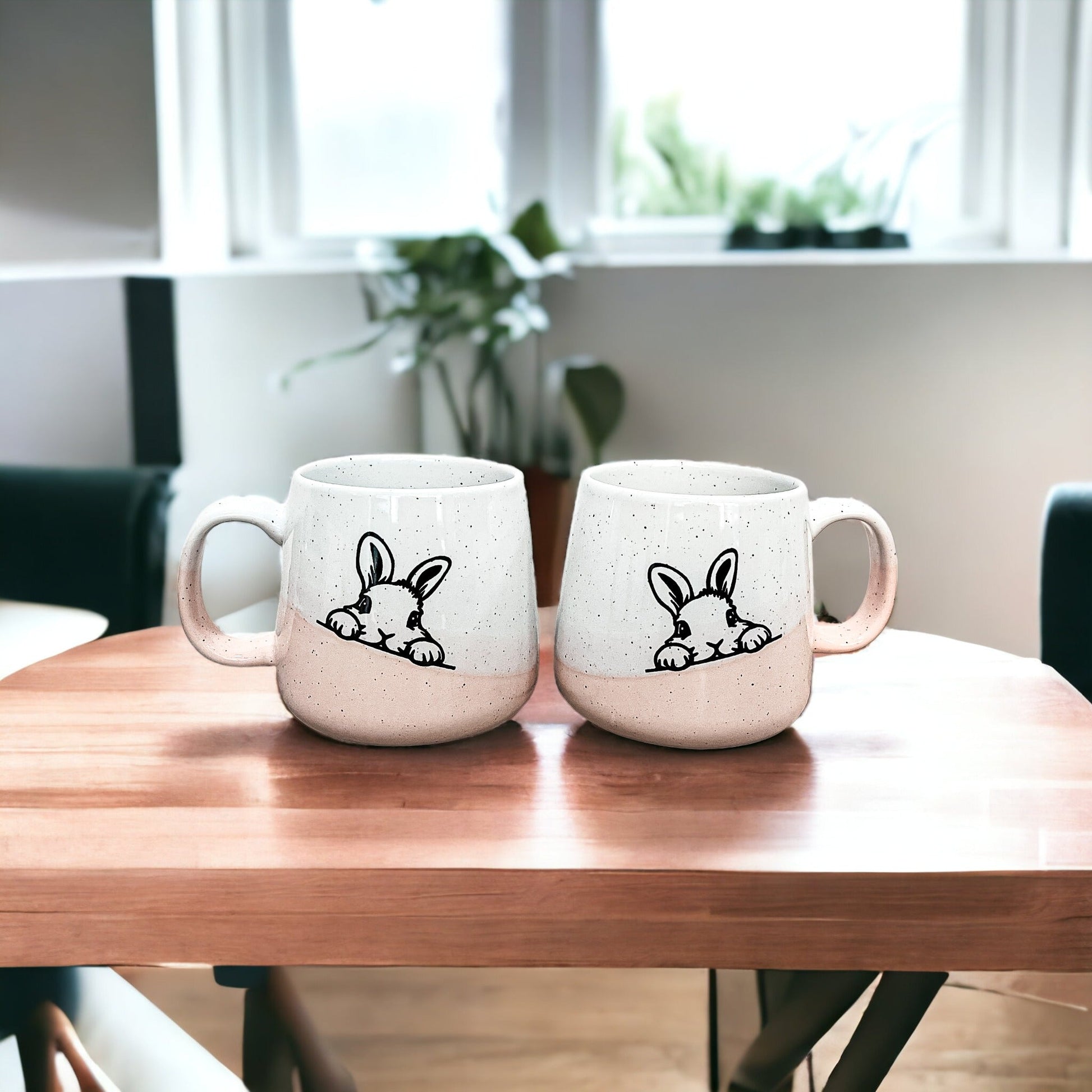 Farmhouse Ceramic Bunny Mug Hand-Painted Ivory With Pastel Pink Base, 12 Oz - - Mugs