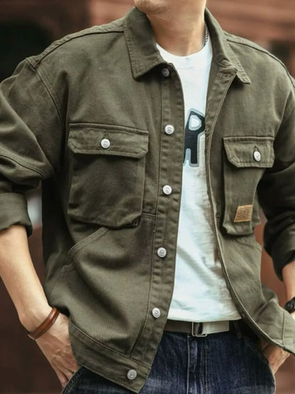Men's Washed Collared Neck Cargo Jacket - Moss -