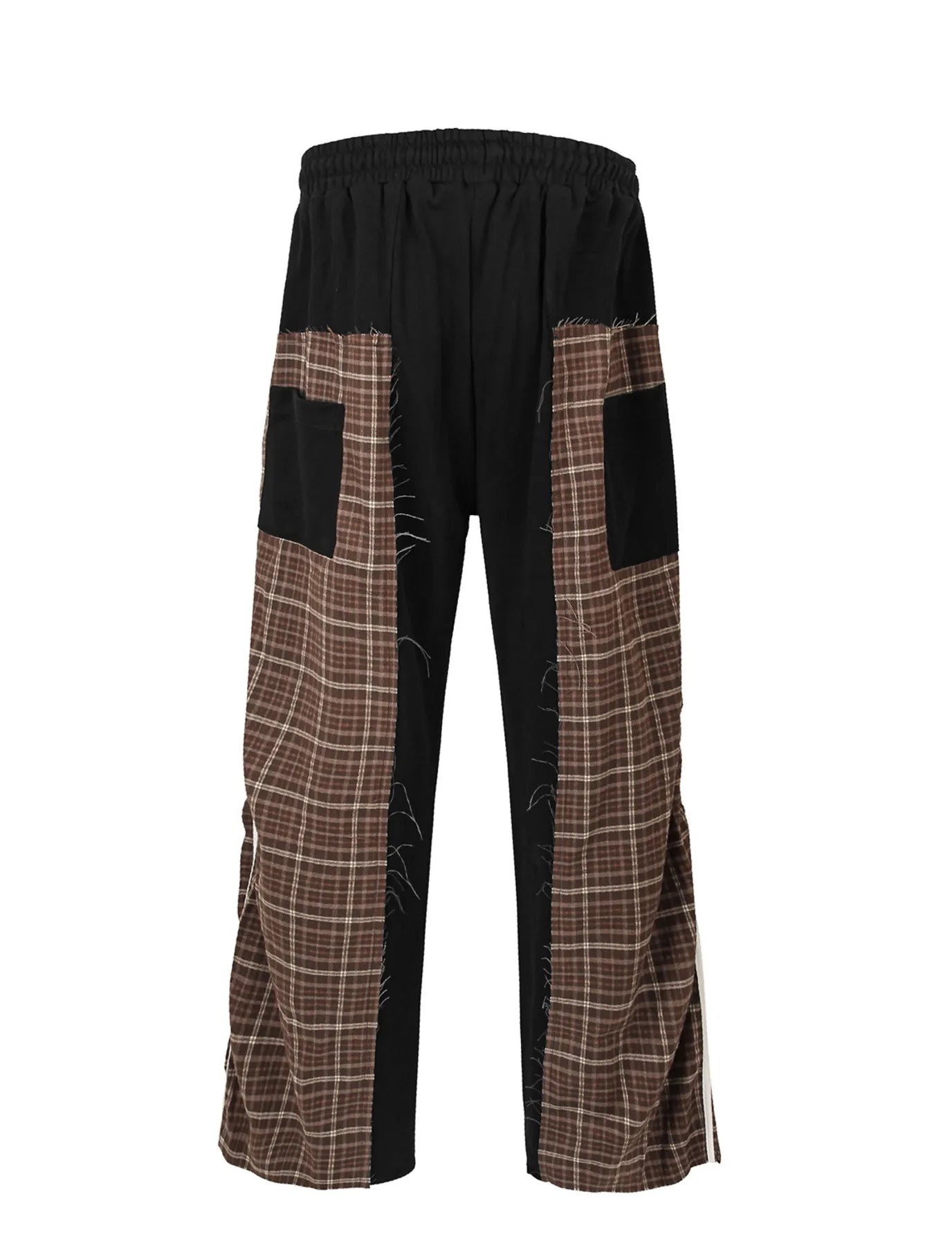 Men's Drawstring Patchwork Plaid Wide Leg Pants - Black -