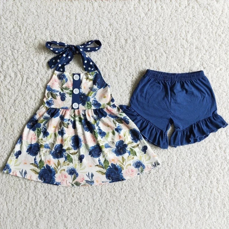 Flower Summer Pocket Ruffle Top and Shorts Set dark blue