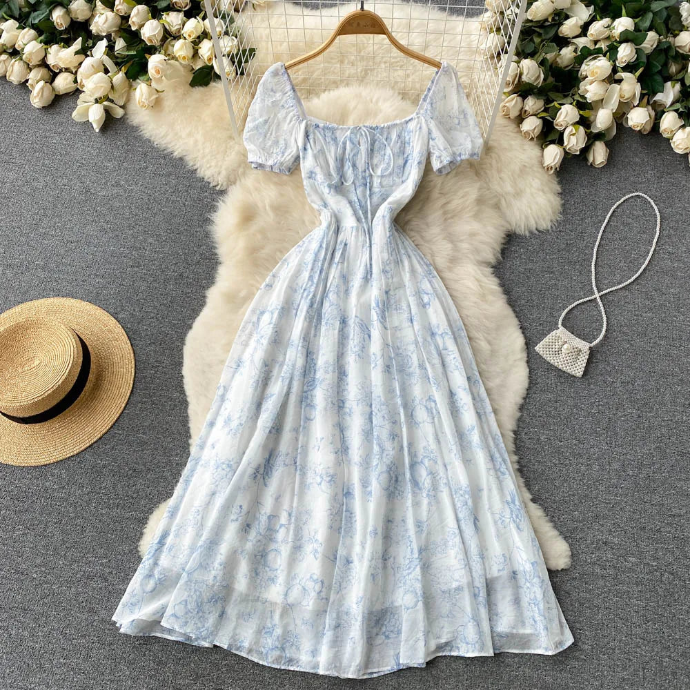 Floral Dresses Summer New Square Neck Vintage Dresses