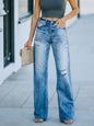 Distressed Straight Leg Jeans - Dusty Blue -