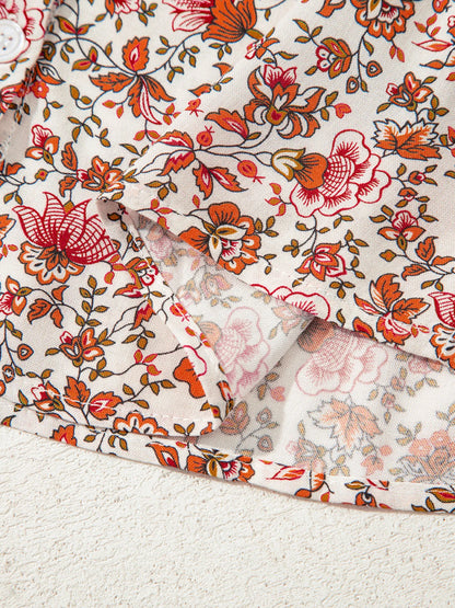 Floral Long Sleeve Button Down Blouse - -