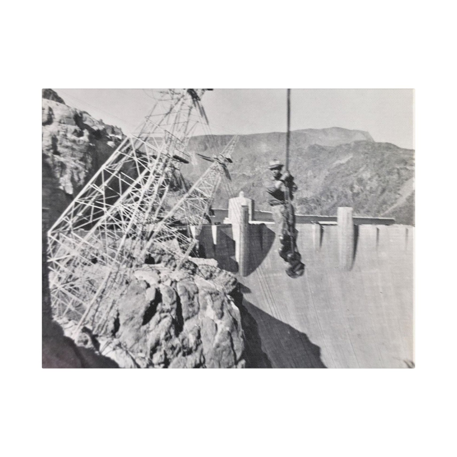 Suspended Boulder Dam Worker Satin Canvas Stretched